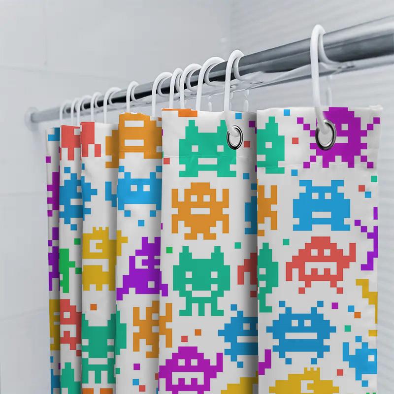 Ensemble de Rideau de Douche Space Invaders Pixelisé Multicolore Décor Rétro de Jeu Vidéo Pour Salle de Bain