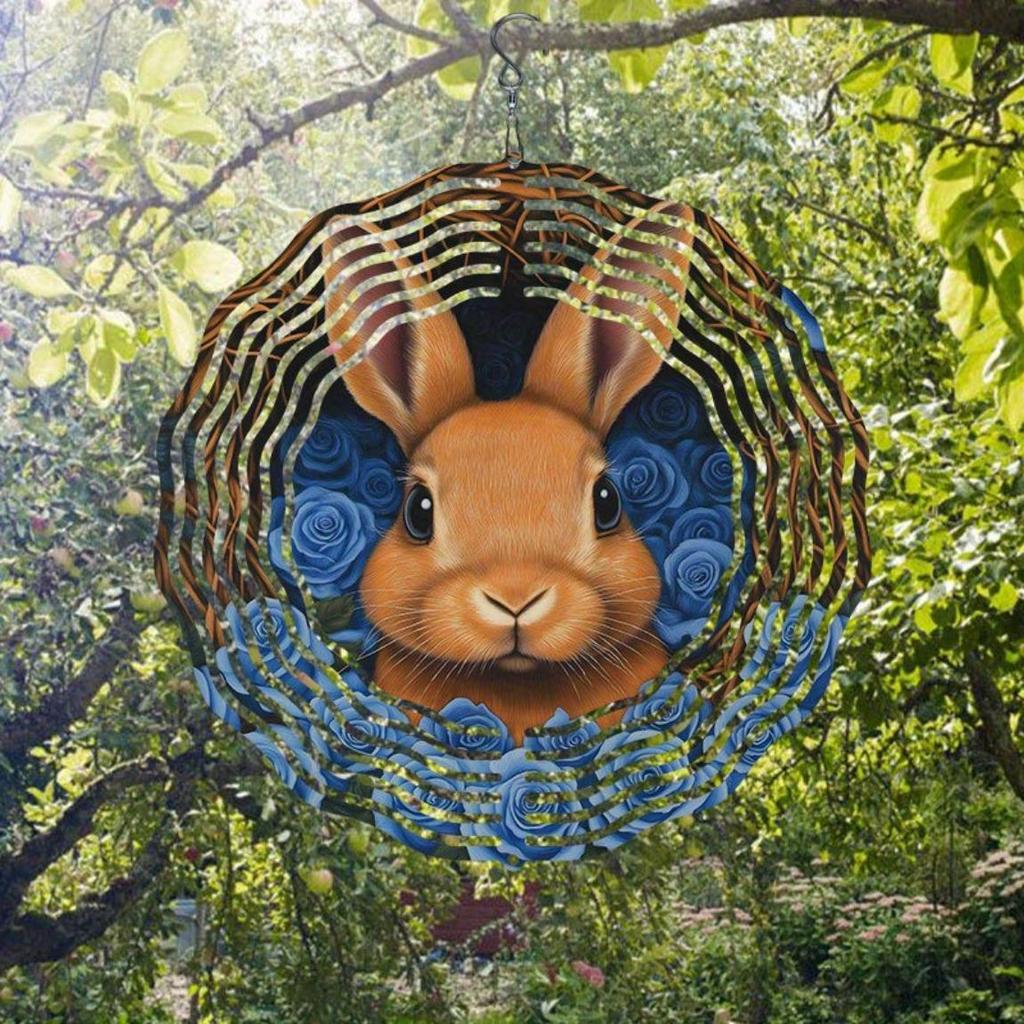 Metal Wind Chime with Blue Rose and Rabbit Design Rotating Hook Durable Garden Art Decor Outdoor Ornament Reflective Spiral Design Easy To Install