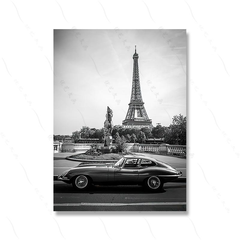Toile d'art mural en noir et blanc, voiture de course classique, mode fille, Paris, peinture sur toile, affiche nordique imprimée, image murale, décoration de maison pour salon