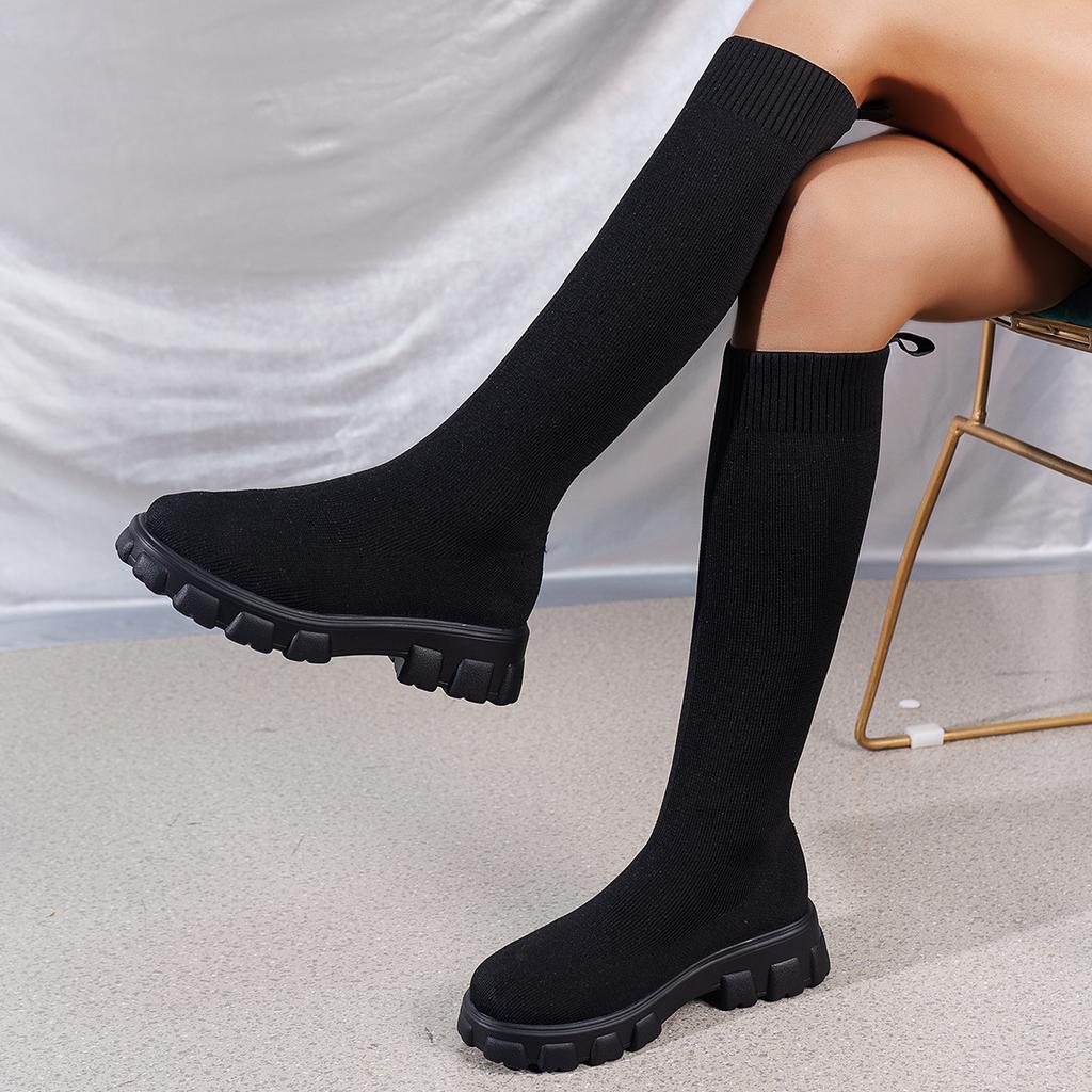 Mode Damen Sockenstiefel Absätze Über dem Knie Botas Feminina Damen Lang Elastische Stiefeletten Herbst Winter Neue Marke Strick Plüsch