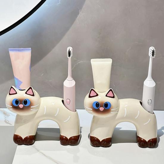 Yousheng Toothbrush Holder, Cat Shape with Drain Port, Mold-Resistant Double-Hole Ceramic Organizer for Bathroom