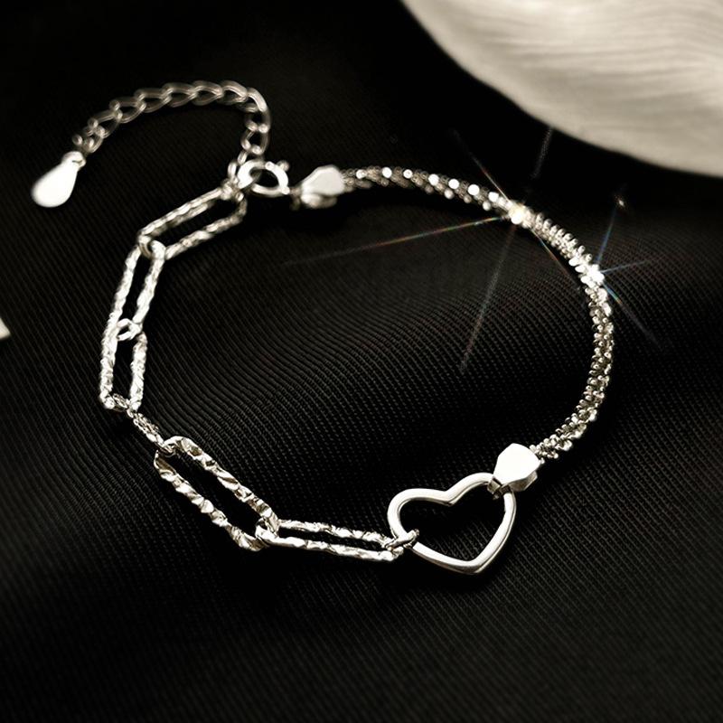 925 Sterling Silber Doppel-Liebesherz Hohl Runde Perlen Armband Damenmode Romantischer Schmuck Klassisch