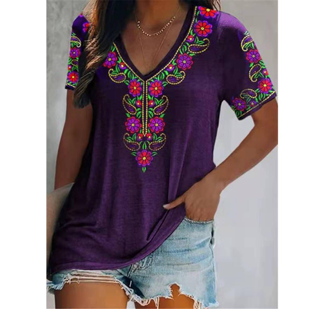 T-shirt Women Summer Floral Printing V-neck Short Sleeve Ethnic Style Women's Tshirts