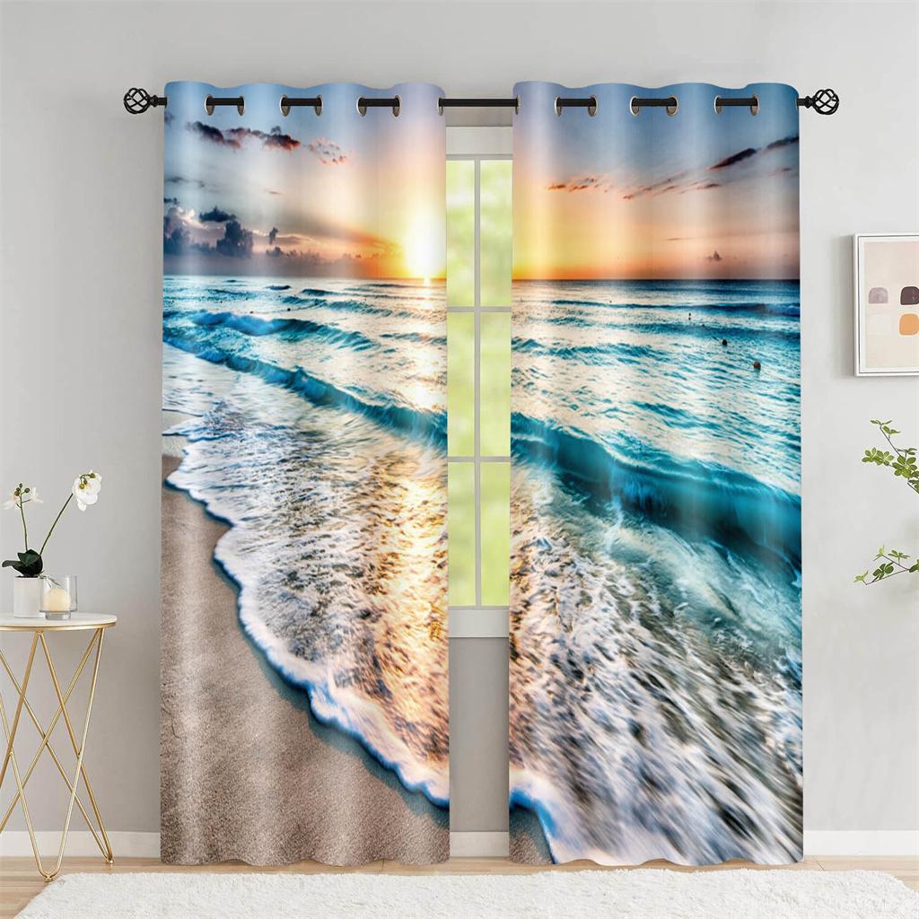 Hawaiian Beach Scenery Coconut Tree Seaside Curtain, a Set with Two, Home Bedroom Living Room Shade Curtain Decor