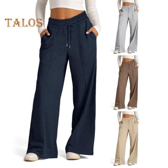 Pantalon décontracté pour femme, taille haute élastique, cordon de serrage réglable, coupe droite, jambes larges, avec poches, couleur unie, pantalon long