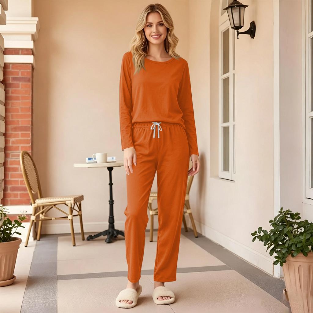 Pigiama da donna elegante a vestibilità larga con scollo rotondo e pantaloni, colore casual, abbigliamento da notte