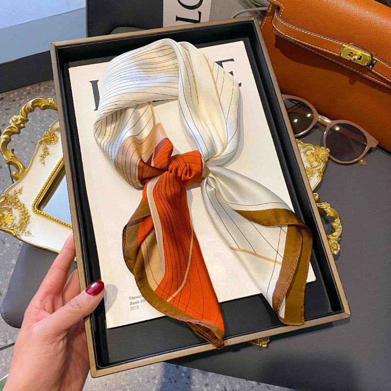 New Striped Silk Scarf Simulation Silk Small Square Scarf Simple Fashion Professional Scarf Silk Scarf Square Scarf High-end Matching