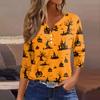 Women Casual Halloween Print V Neck 3/4 Sleeve Button Front Top Lightweight Soft Fabric Relaxed Fit Shirt