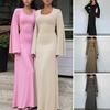 Women Dress U Neck Long Sleeve A-line Slim Fit Skinny Elastic Long Horn Sleeve Back Strap Lace Up Ankle Length Solid Color Maxi Dress