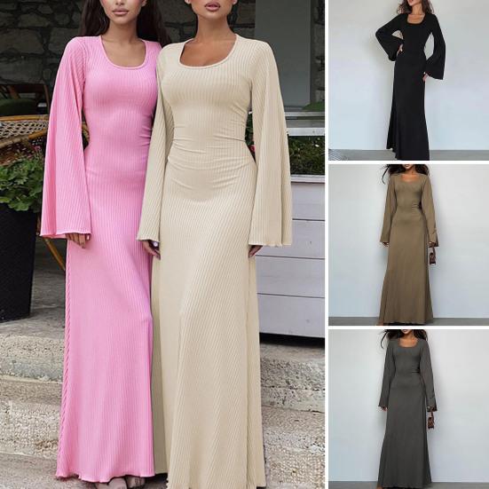Women Dress U Neck Long Sleeve A-line Slim Fit Skinny Elastic Long Horn Sleeve Back Strap Lace Up Ankle Length Solid Color Maxi Dress