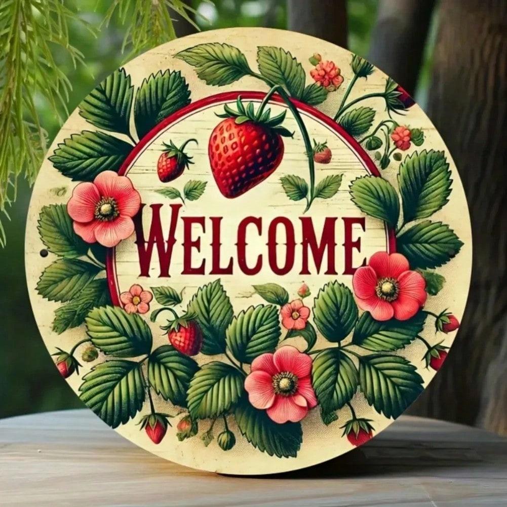 Vintage Strawberry Welcome Sign Farmhouse Wall Decor For Home Office Garden Bar