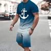 Summer Men's Sailor Short Sleeve Set Anchor Print Short Sleeve Shorts Set Men's Crew Neck T-Shirt