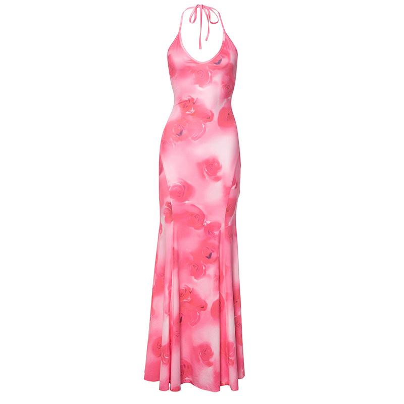 Women's Summer Casual Printed Backless Halter Slim Fishtail Long Dress