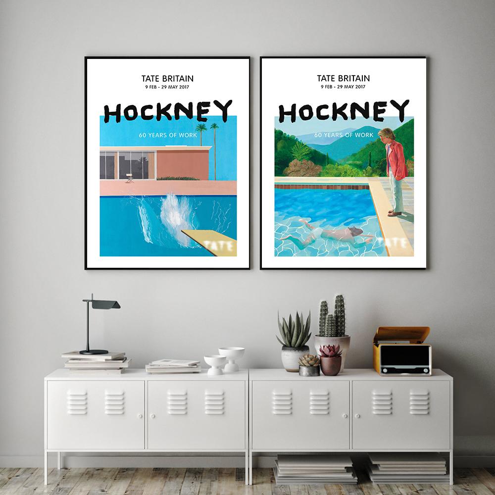 David Hockney Oil Painting Exhibition Poster Pool with Two Characters Printed Abstract Landscape Wall