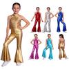 Shiny Sequins Tassels Flare Jumpsuit for Girls: Metallic Sleeveless Back Invisible Zipper Bodysuit for Disco Dance Parties