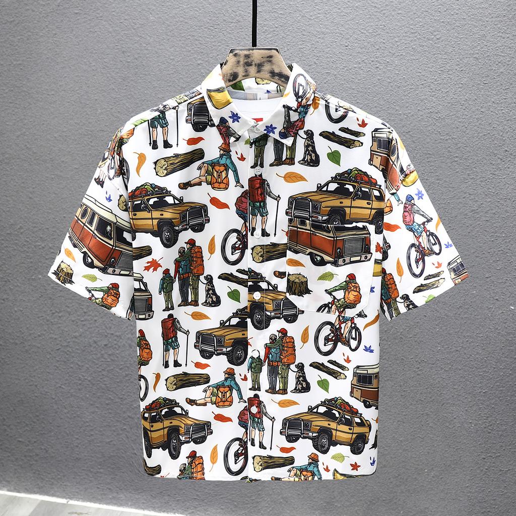 Trendy Summer Short Sleeved Men's Graffiti Flower Shirt New Japanese T-shirt Summer Thin Ice Silk Half Sleeved Shirt