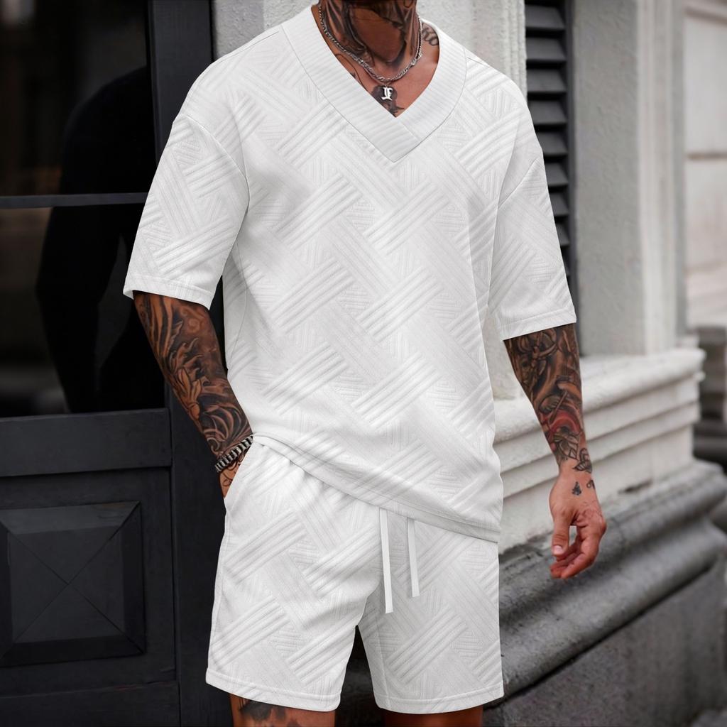 Men's New Casual Color Versatile V-neck Short-sleeve And Shorts Set