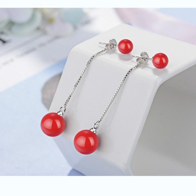 Red Pearl Drop Earring for Women Lovely Double Side Simple Style Sweet Fashion Jewelry