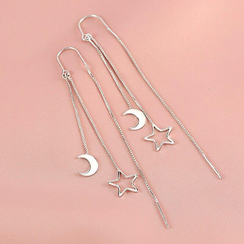 925 Sterling Silver Long Star Moon Korean Drop Earrings For Women Wedding Party Jewelry Eh1351