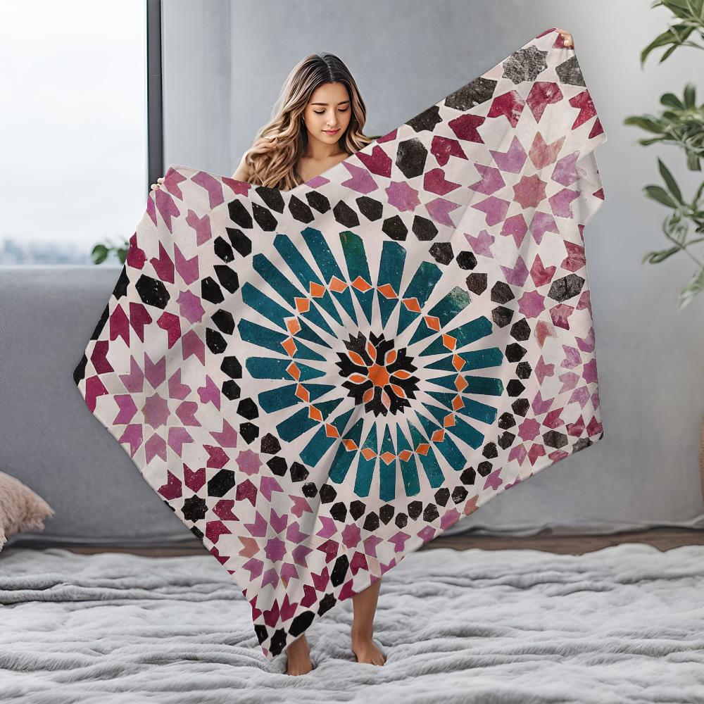 Geometric Mosaic Pattern Flannel Printed Blanket Suitable for All Seasons Suitable for Living Room Office Sofa and Travel