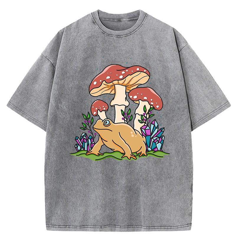 Ästhetisches Pilz Kröte Bedrucktes Gewaschenes T-Shirt Damen Rundhals Baumwoll T-Shirt Oversized Y2K Kleidung Vintage Sommer