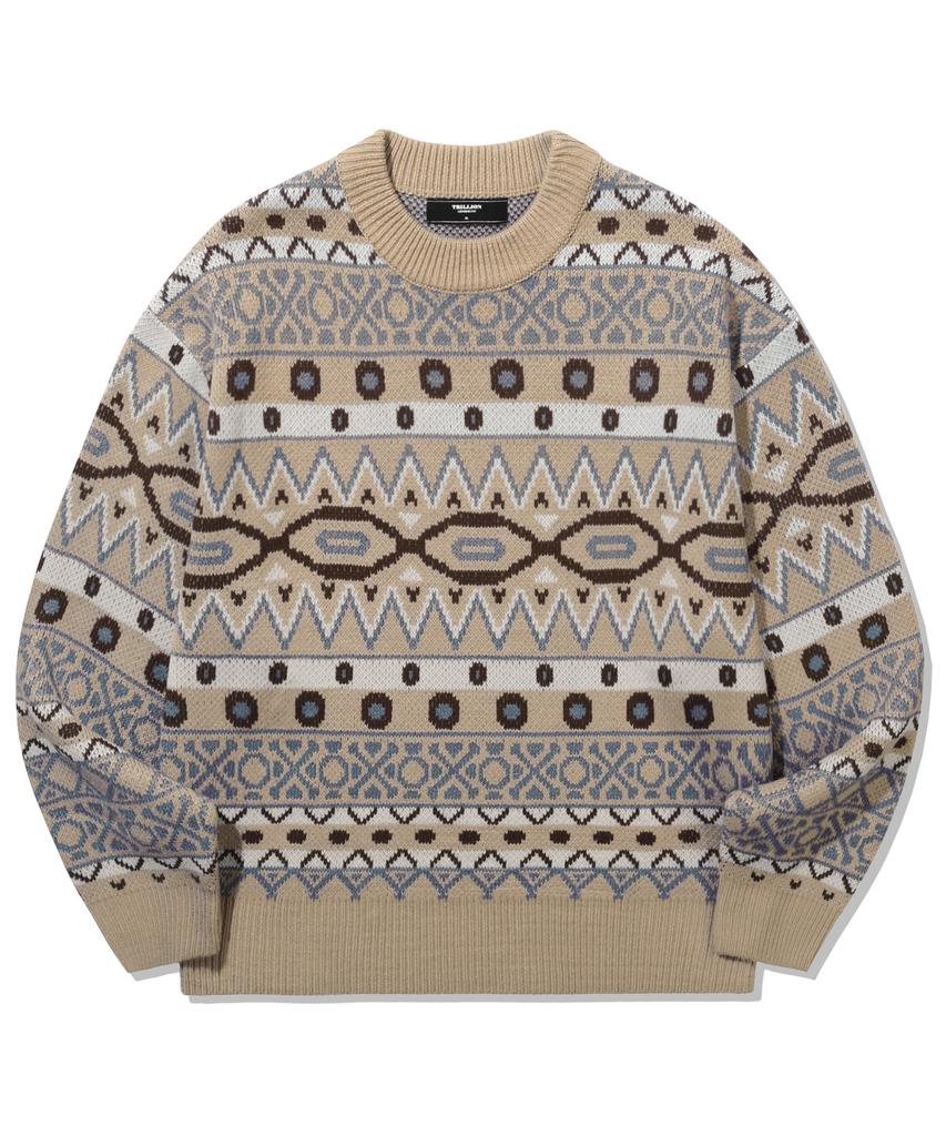 TRILLION Pull Jacquard Fair Isle Vintage à col rond_Beige