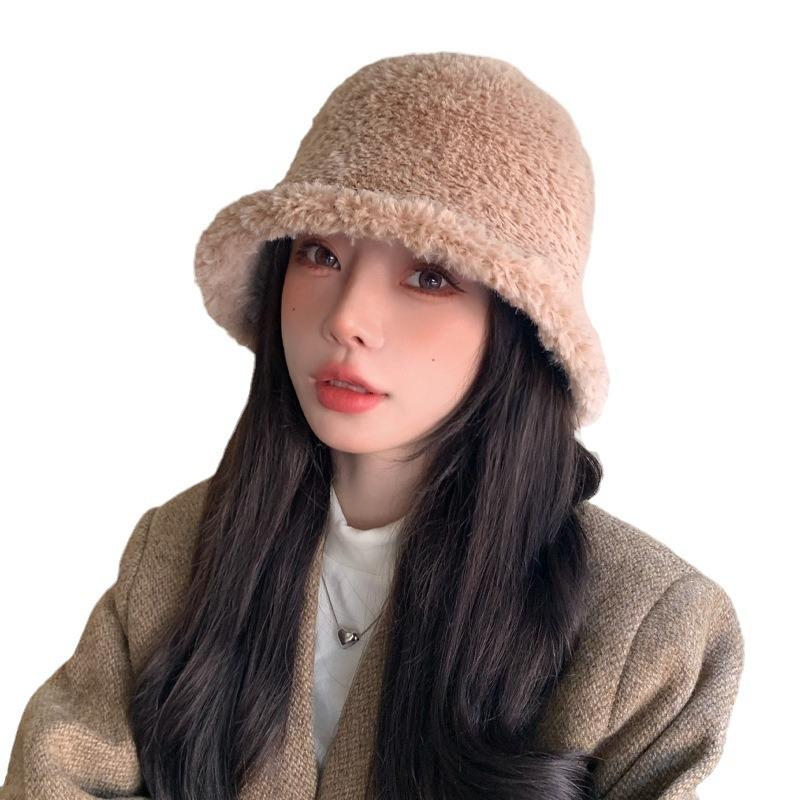 Chapeau d'automne et d'hiver pour femmes, chapeau bucket en peluche polyvalent uni, chapeau chaud d'hiver, chapeau lavabo