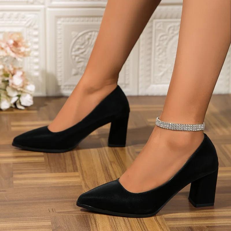 2024 High Quality Shoes Female One Kick Women's Pumps Autumn Pointed Toe Solid Dress Party Block Heel Shallow Large Size Shoes