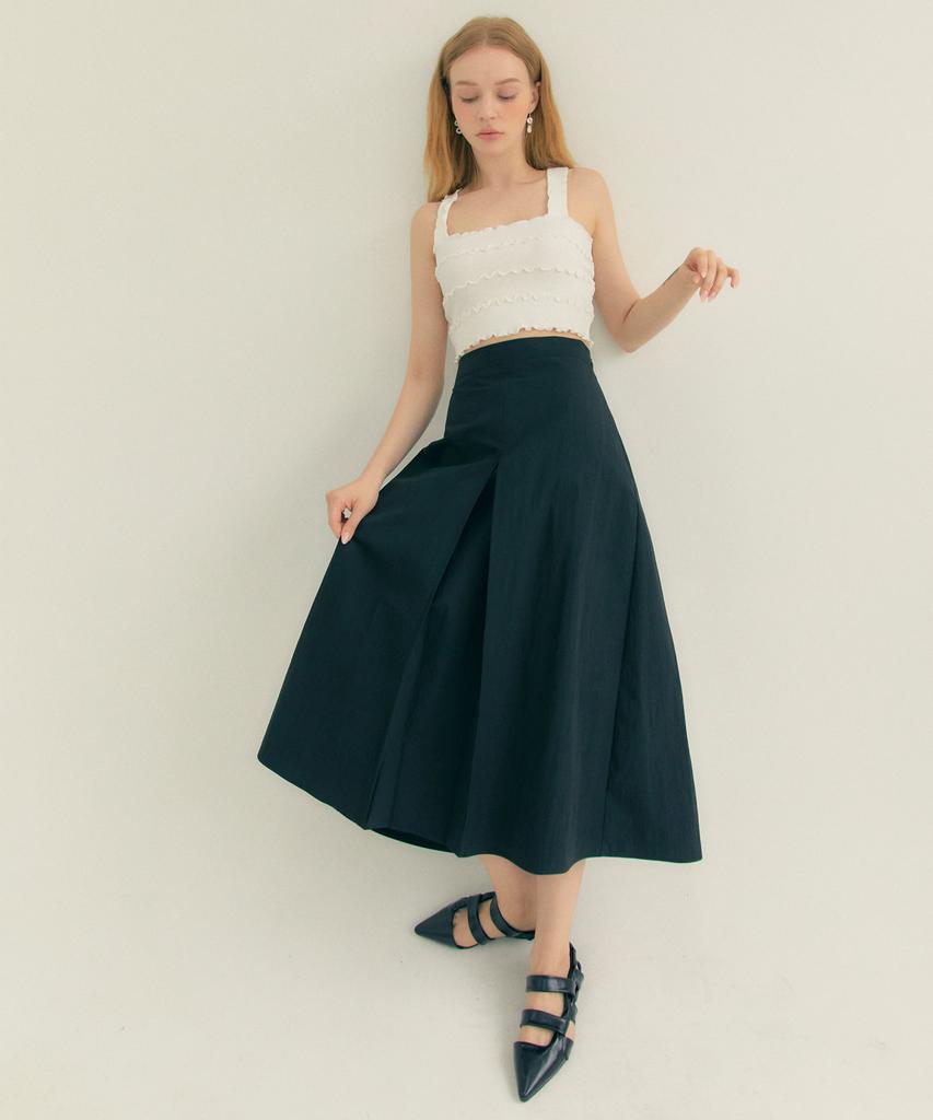 Fry Height Cotton Pleated A-Line Long Skirt Black