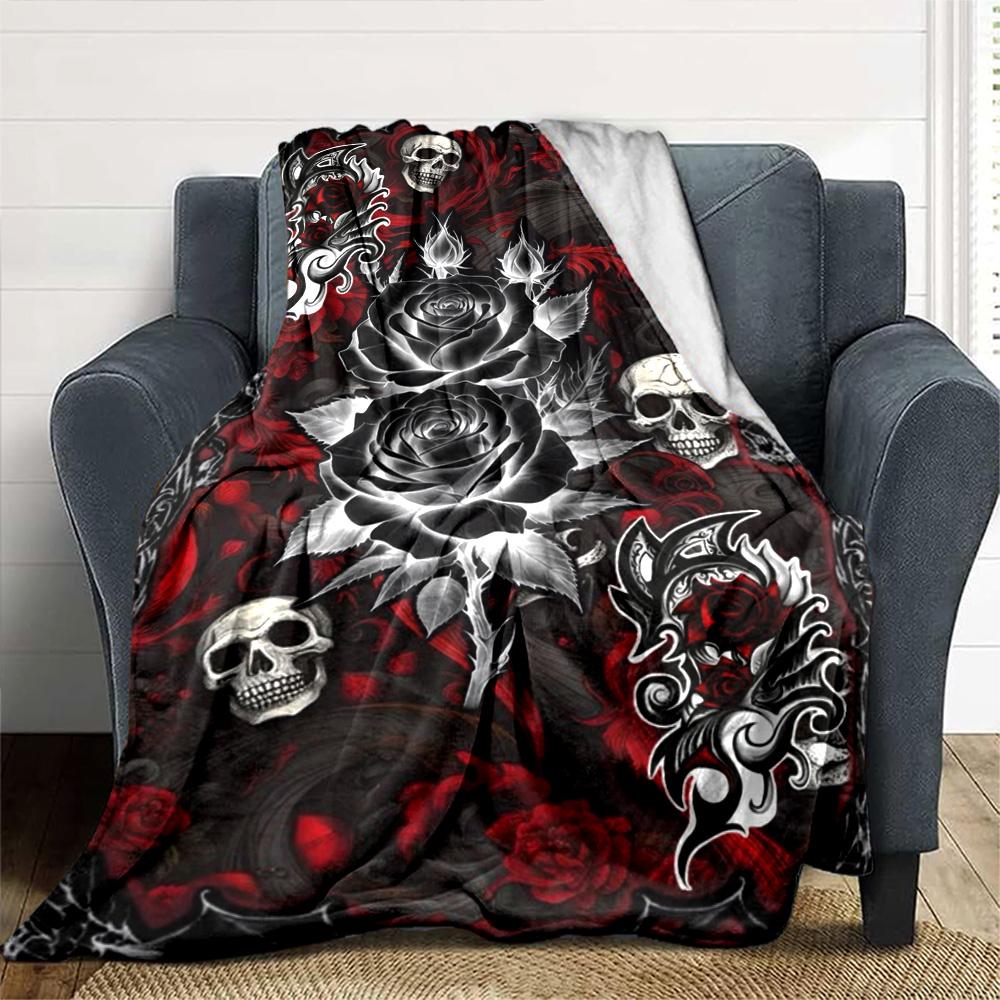 Gothic Skull Print Flannel Blanket High Quality Warm Comfortable Cover for All Seasons Perfect for Gifts Home Decor