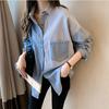 Simplicity Korean Fashion Denim Blouse Autumn Loose Casual Single-breasted Lapel Long Sleeve Color Contrast Splicing
