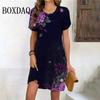 3d Purple Flower Print Dress Women 2026 Summer Casual Loose Retro Short-sleeved Mini Dress