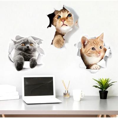 3PCS Home Decoration Cute Kitten Puppy Pet Animals  Art Decals Vivid 3d Hole Funny Cat Dog Toilet Stickers Diy Wc Washroom