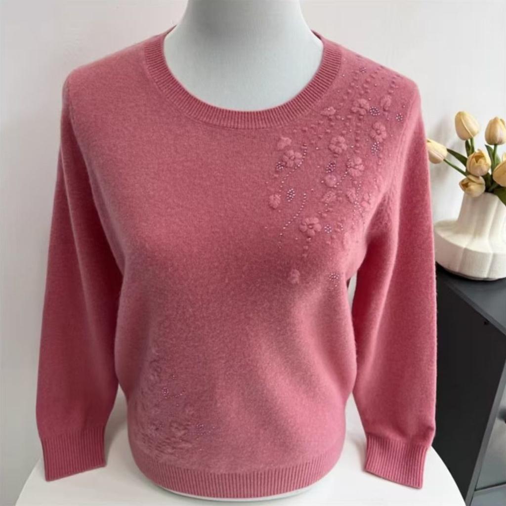Women's Plus Size Wool Sweater Loose Fit Rhinestone Embroidery Knit Pullover Sweater Solid Color Soft Knit Top