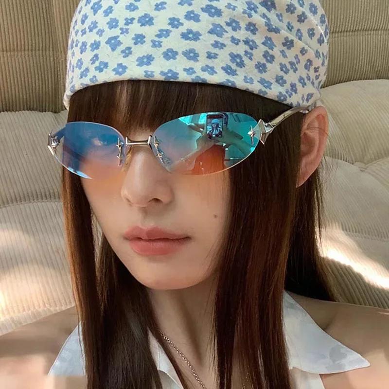 Lunettes de Soleil Étoilées Sans Monture Bord Elliptique Sans Monture Y2K SpicyGirl Même Style que les Ins Lunettes de Soleil Mode Tendance Femme
