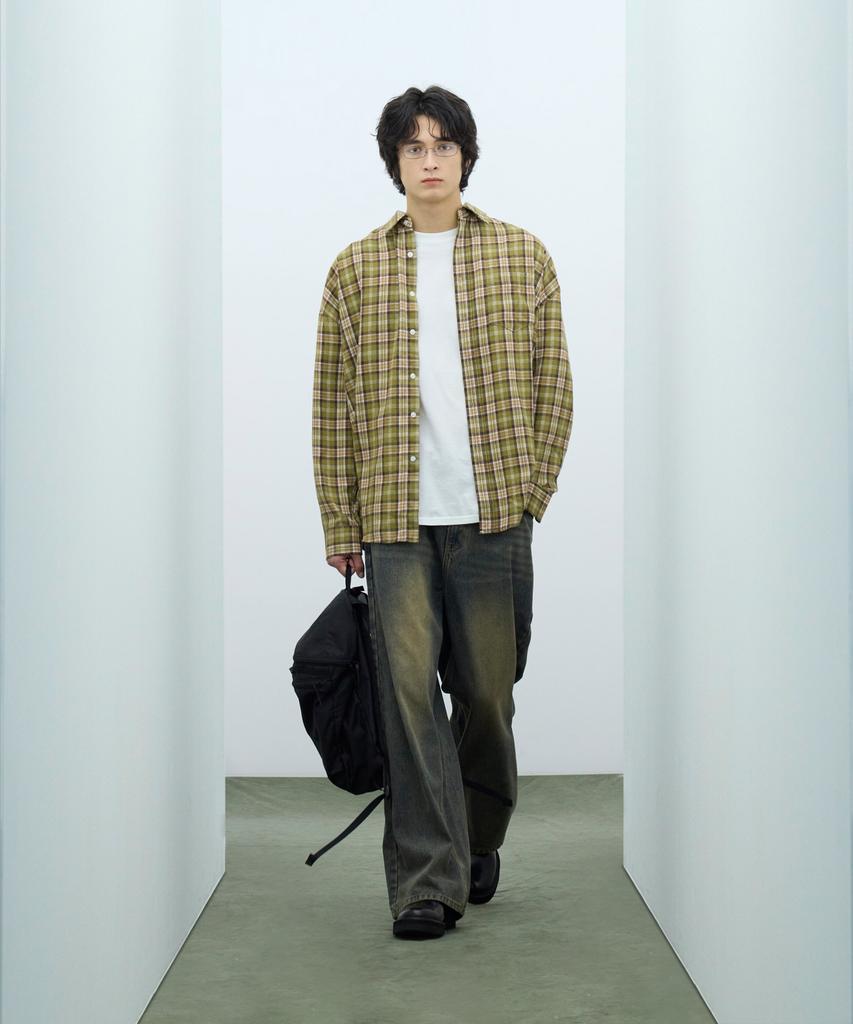 STANDARDERROR 87-Stan089 Classic Vintage Oversized Pocket Long Sleeve Check Shirt Olive