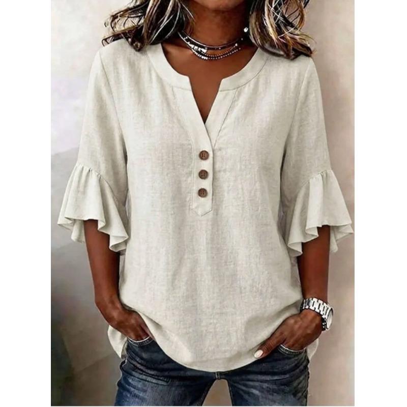 BITCED Women's Fashion Casual Solid Color Print 3/4 Sleeves V-Neck Blouses & Shirts
