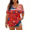 Women’s Short Sleeve Cold Shoulder Top with Star and Floral Print Loose Fit Casual Independence Day Style Blouse for Summer