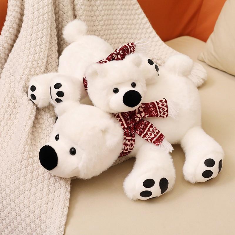 Cartoon Big Nose Polar Bear Plush Toy, Cute Lying Down Stuffed Animal with Scarf, Soft White Bear Doll Gift