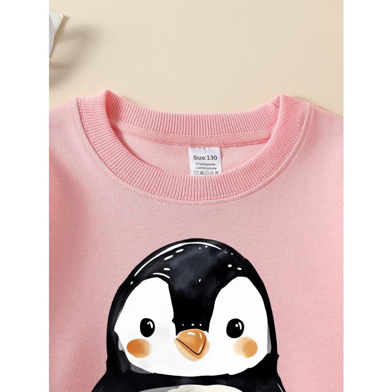 Europeiska storlekar Flicksweatshirt med mjuk rund halsringning, Sött akvarellpingvinmotiv, Avslappnat för höst och vinter, Idealisk julklapp.