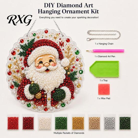 Dekorative Ornamente für Garten Weihnachten DIY Falsche Diamantmalerei Hängend, Weihnachtsmann Kranz Acryl Anhänger, Perlen Kristall Textur Perlen Bastelset Wand