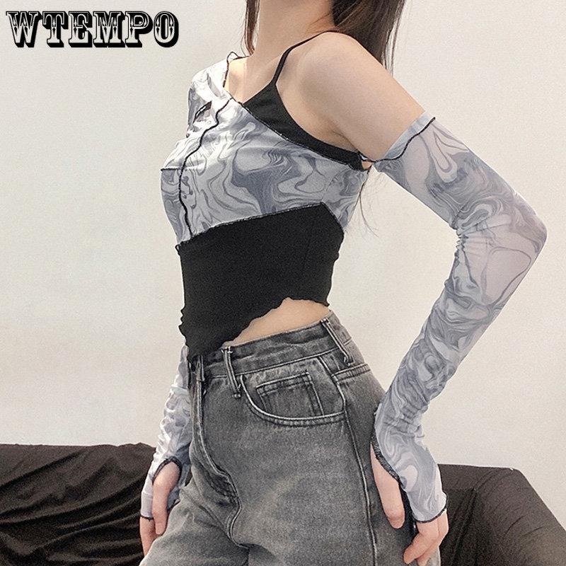 WTEMPO Kadın Şık Örgü Patchwork Uzun Kollu Tişört + İç Kesim Askılı Düzensiz Sahte İki Parça Kırpılmış Üstler