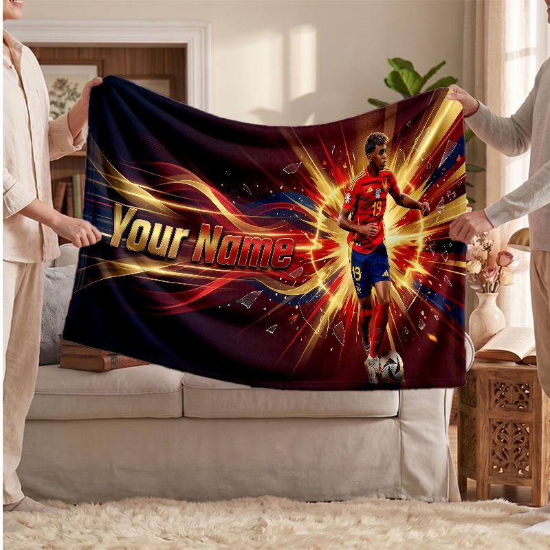 Lamine Yamal Personalized Fleece Blanket With Football Logo, Custom Name Text Soft Warm Home Throw Blanket