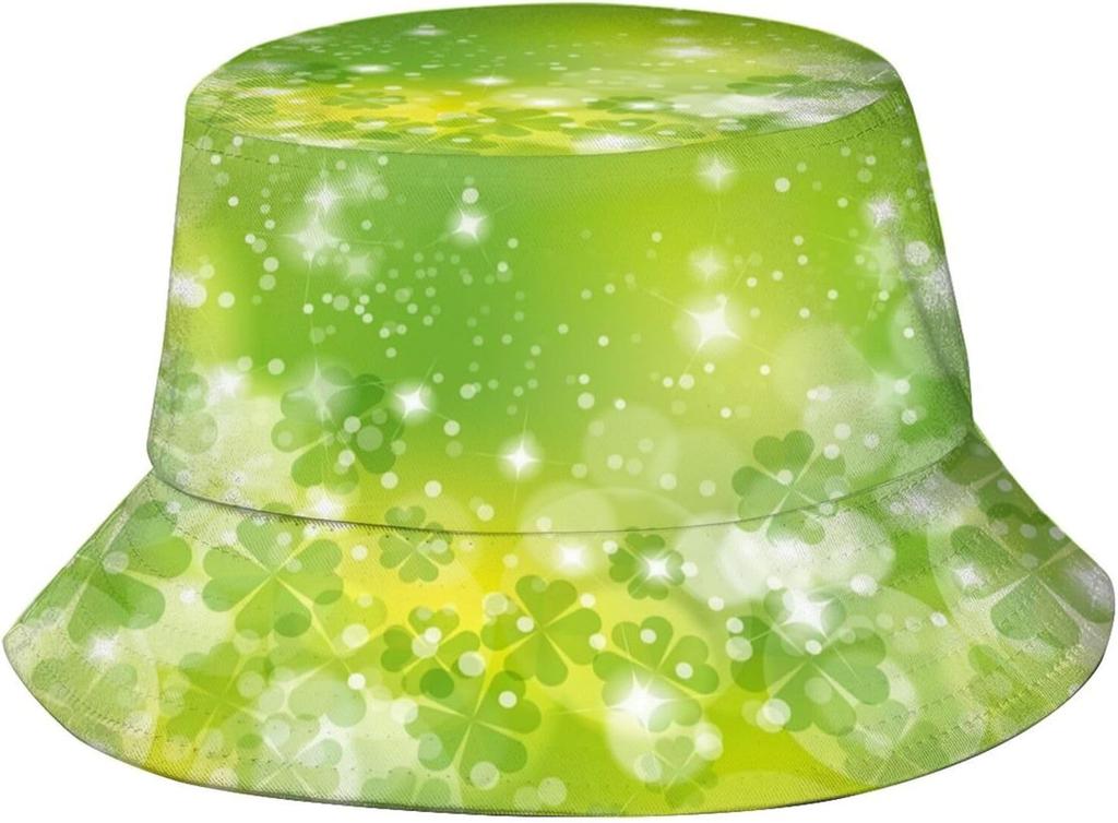 Green Shamrock Hat Lucky Clover Bucket Hats Travel Beach Sun Hat Wide Brim Fisherman Caps For Women Men