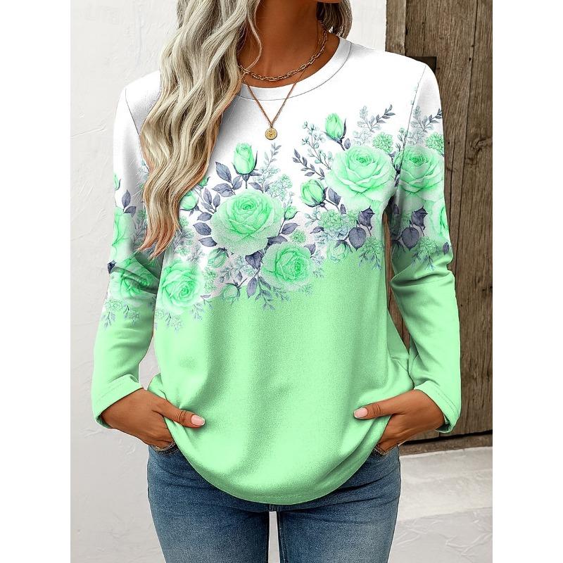 Dam T-shirt Casual Långärmad Toppar Blommig Grafisk T-shirt Skjorta Blus O-hals Höst Vinter Streetwear Stil y2k Pullover
