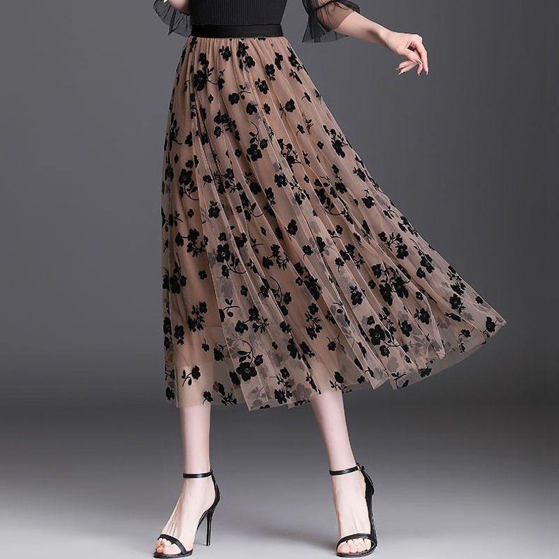 Chiffon A-Line Skirt with Velvet and High Waist for Women's Floral Fairy Skirts
