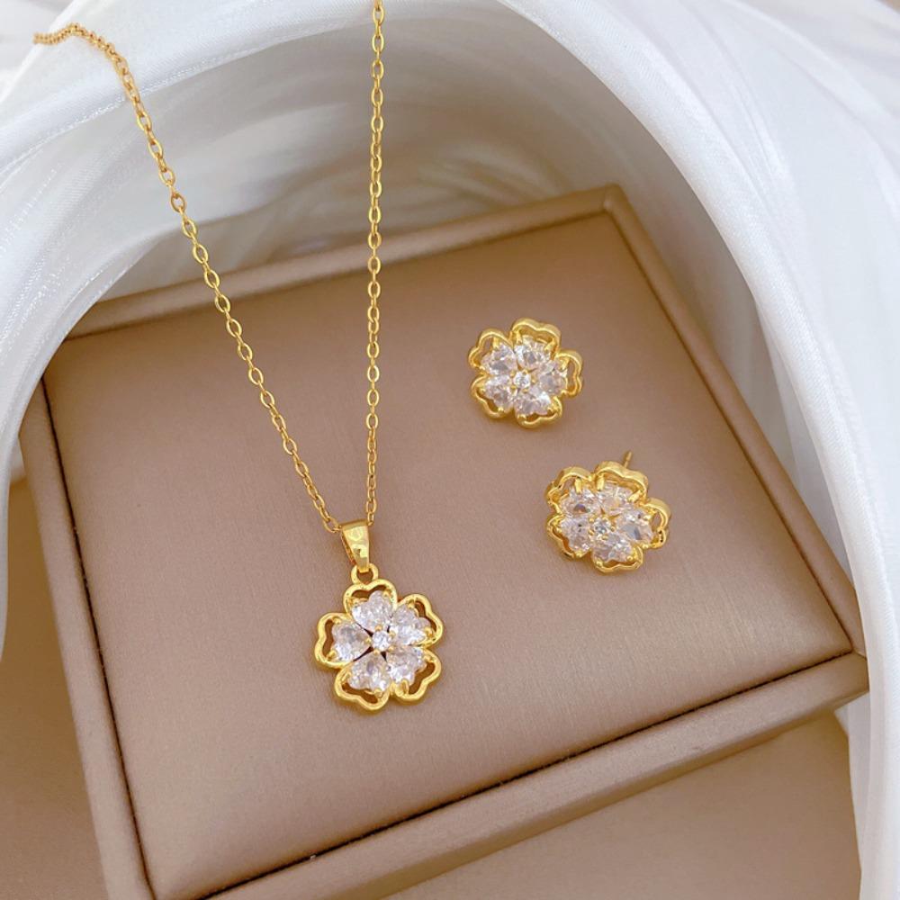 Modisches Elegantes Leichtluxuriöses Vollzirkon Exquisites Elementstil Kupfer Mikro-Inlay Ohrringe Halsketten Set