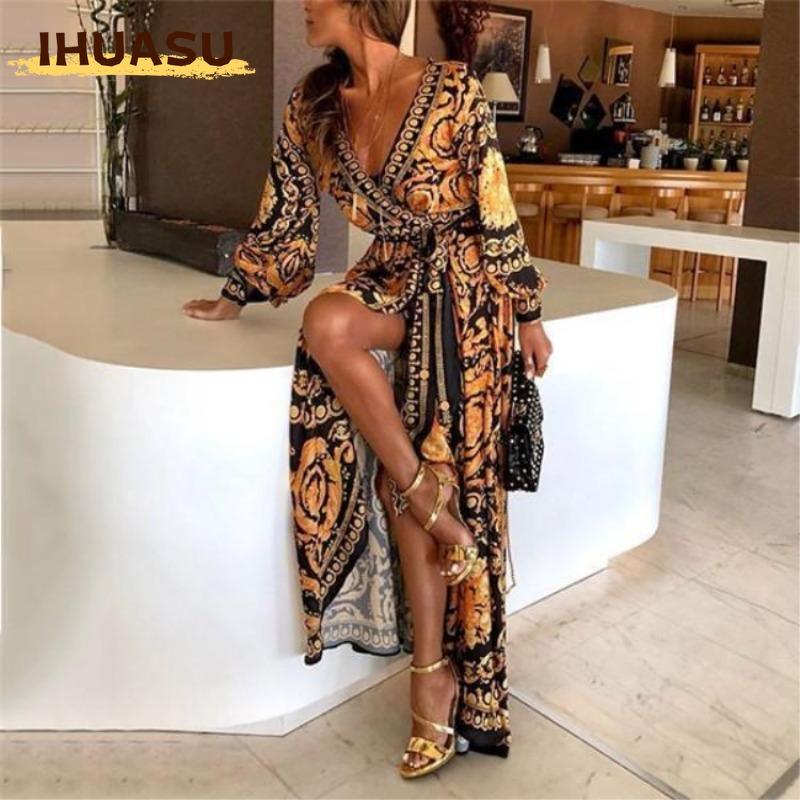 IHUASU Fashion Spring Autumn Long Sleeve V-Neck Casual Dresses