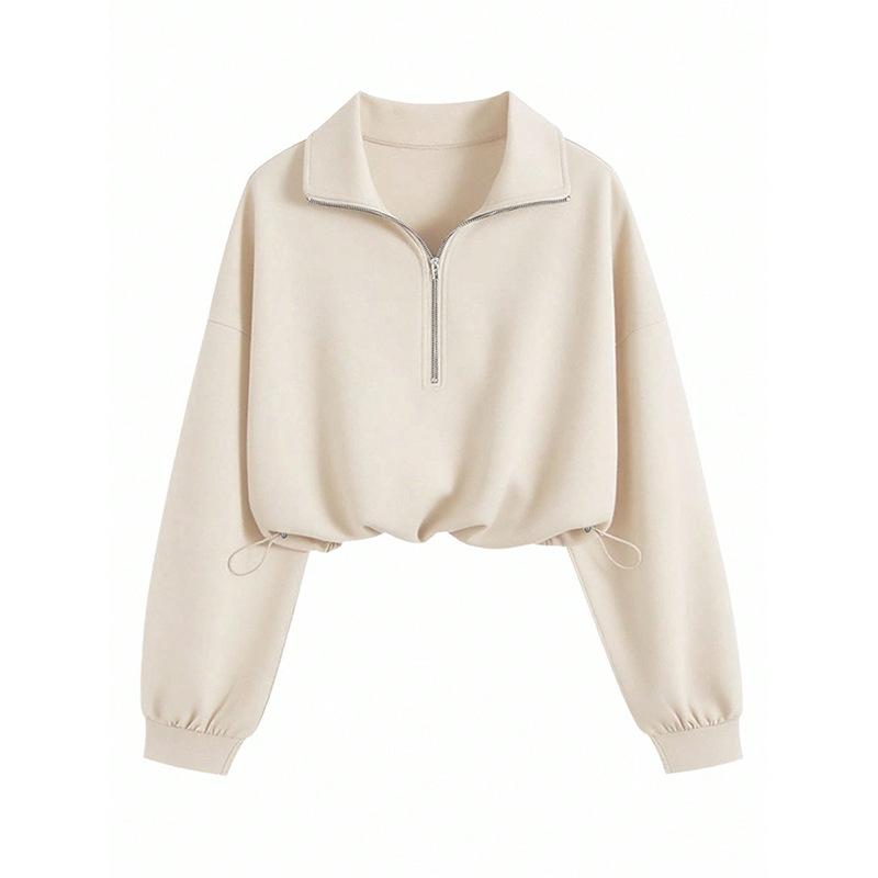 Women Spring Autumn Casual Sports Zipper Lapel Long Sleeve Solid Color Pullover Hoodies Sweatshirt Top