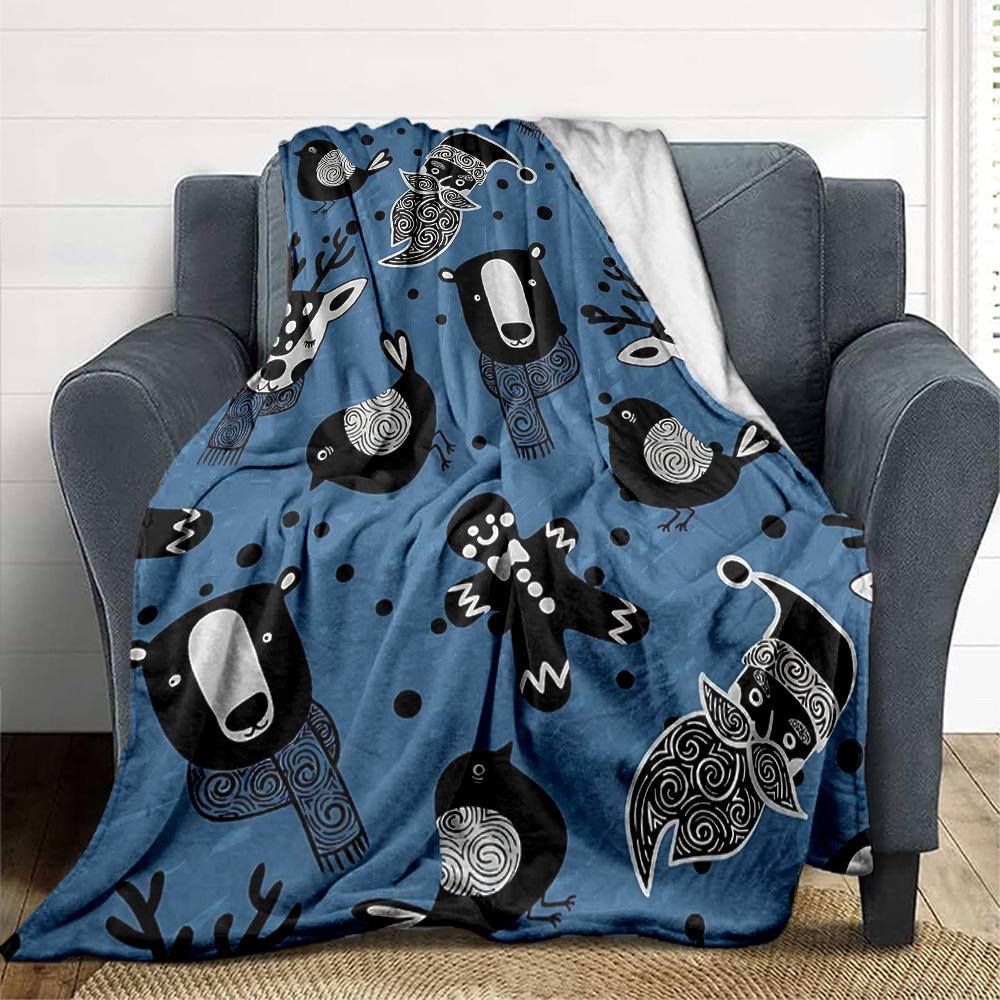 1pc Winter Animals Print Blanket Lightweight Flannel Throw Blanket For Sofa, Bed, Living Room, Office, Outdoor Travel, Camping, Soft All-Season Throw